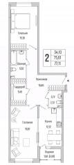 ЖК «Riga Hills», планировка 2-комнатной квартиры, 77.11 м²