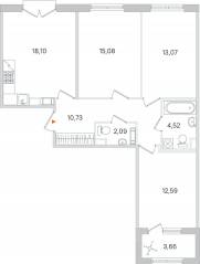 МЖК «Дубровский», планировка 3-комнатной квартиры, 78.01 м²