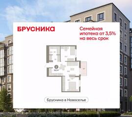 ЖК «Брусника в Новоселье», планировка 2-комнатной квартиры, 56.15 м²