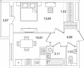 ЖК «Кинопарк», планировка 1-комнатной квартиры, 35.32 м²