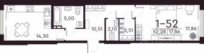 ЖК «Familia», планировка 1-комнатной квартиры, 52.40 м²