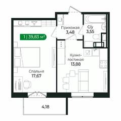 ЖК «Sertolovo Park», планировка 1-комнатной квартиры, 39.83 м²