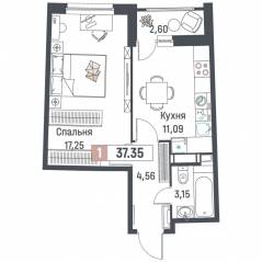 ЖК «Авиатор» (Девяткино), планировка 1-комнатной квартиры, 37.35 м²