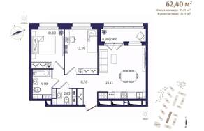 ЖК «Ranta Residence», планировка 2-комнатной квартиры, 62.40 м²