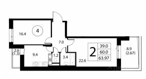 ЖК «Космос», планировка 2-комнатной квартиры, 63.97 м²