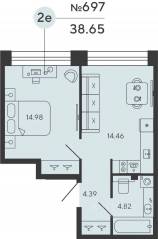 ЖК «Bashni Element», планировка 1-комнатной квартиры, 38.65 м²