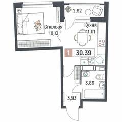 ЖК «Авиатор» (Девяткино), планировка 1-комнатной квартиры, 30.39 м²