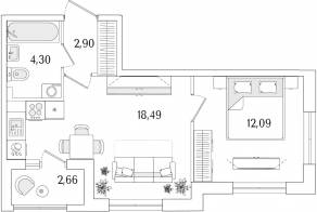 ЖК «Гранат», планировка 1-комнатной квартиры, 39.11 м²