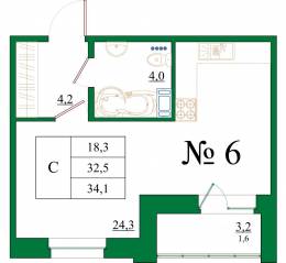 ЖК «Орловский бульвар», планировка студии, 34.10 м²
