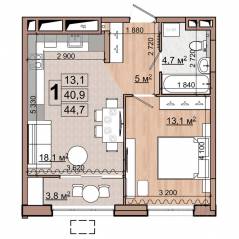 ЖК «Гранд Комфорт», планировка 1-комнатной квартиры, 44.70 м²