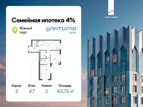ЖК «УЛЬТИМА Сити», планировка 2-комнатной квартиры, 63.75 м²