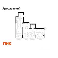 ЖК «Ярославский», планировка 3-комнатной квартиры, 75.60 м²