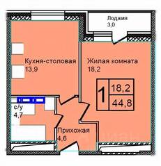 ЖК «Троицкий», планировка 1-комнатной квартиры, 44.80 м²