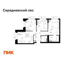 ЖК «Середневский лес», планировка 3-комнатной квартиры, 57.00 м²