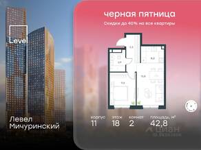 ЖК «Level Мичуринский», планировка 2-комнатной квартиры, 42.80 м²