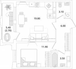 ЖК «Тайм Сквер», планировка 1-комнатной квартиры, 46.50 м²