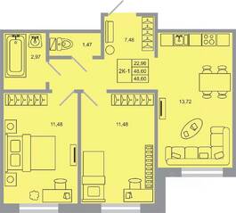 ЖК «Стороны света-2», планировка 2-комнатной квартиры, 48.60 м²