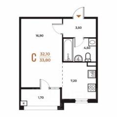 ЖК «Новое Летово», планировка студии, 33.80 м²