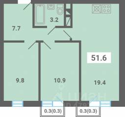 МЖК «Южная Долина», планировка 2-комнатной квартиры, 51.60 м²