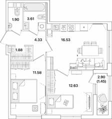 ЖК «Академик», планировка 2-комнатной квартиры, 53.91 м²