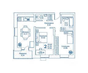 ЖК «Новоград Монино», планировка 2-комнатной квартиры, 64.20 м²