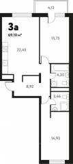 ЖК «Южное Пушкино», планировка 3-комнатной квартиры, 68.33 м²
