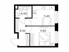 ЖК «Квартал Белый Град», планировка 1-комнатной квартиры, 34.20 м²