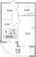 ЖК «Дом-Мегалит в Королёве», планировка 1-комнатной квартиры, 46.10 м²