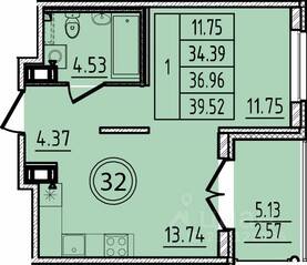 МЖК «Образцовый квартал 14», планировка 1-комнатной квартиры, 34.39 м²