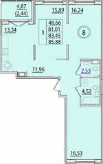 МЖК «Образцовый квартал 15», планировка 3-комнатной квартиры, 81.01 м²