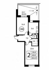 ЖК «Космос», планировка 2-комнатной квартиры, 66.63 м²