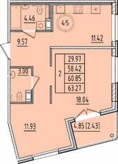 МЖК «Образцовый квартал 17», планировка 2-комнатной квартиры, 58.42 м²