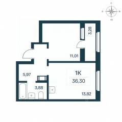 ЖК «Расцветай в Янино», планировка 1-комнатной квартиры, 35.90 м²