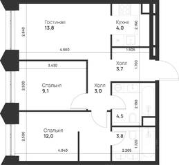 ЖК «Voice Towers», планировка 2-комнатной квартиры, 53.90 м²