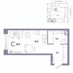 ЖК «Страна.Заречная», планировка студии, 26.00 м²