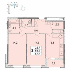 ЖК «Центр-2», планировка 2-комнатной квартиры, 57.80 м²