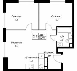 Апарт-комплекс «Aist Residence», планировка 2-комнатной квартиры, 52.60 м²