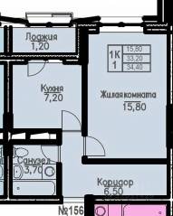 ЖК «Атлантис», планировка 1-комнатной квартиры, 33.90 м²