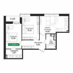 ЖК «Sertolovo Park», планировка 2-комнатной квартиры, 55.33 м²