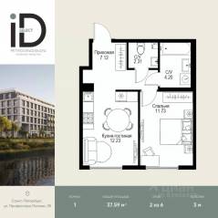 ЖК «ID Petrogradskaya», планировка 1-комнатной квартиры, 37.59 м²