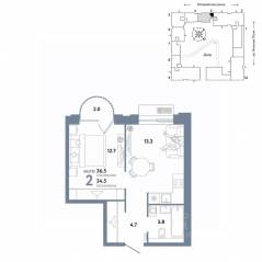 ЖК «Страна.Заречная», планировка 2-комнатной квартиры, 36.50 м²