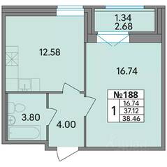 ЖК «Рождественский квартал», планировка 1-комнатной квартиры, 38.46 м²