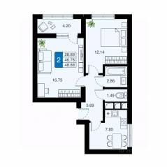 ЖК «Химки Тайм», планировка 2-комнатной квартиры, 48.88 м²