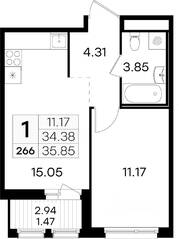 ЖК «GloraX Парголово», планировка 1-комнатной квартиры, 35.40 м²
