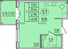 МЖК «Образцовый квартал 17», планировка 1-комнатной квартиры, 39.94 м²