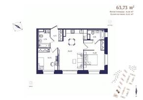 ЖК «Ranta Residence», планировка 2-комнатной квартиры, 63.73 м²