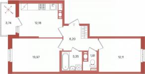 ЖК «Патио», планировка 2-комнатной квартиры, 51.49 м²