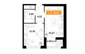 ЖК «Планерный квартал», планировка 1-комнатной квартиры, 45.37 м²