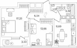 ЖК «Лайнеръ», планировка 2-комнатной квартиры, 54.50 м²