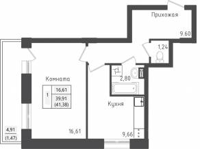 ЖК «Зеленый Оазис-Город», планировка 1-комнатной квартиры, 41.38 м²